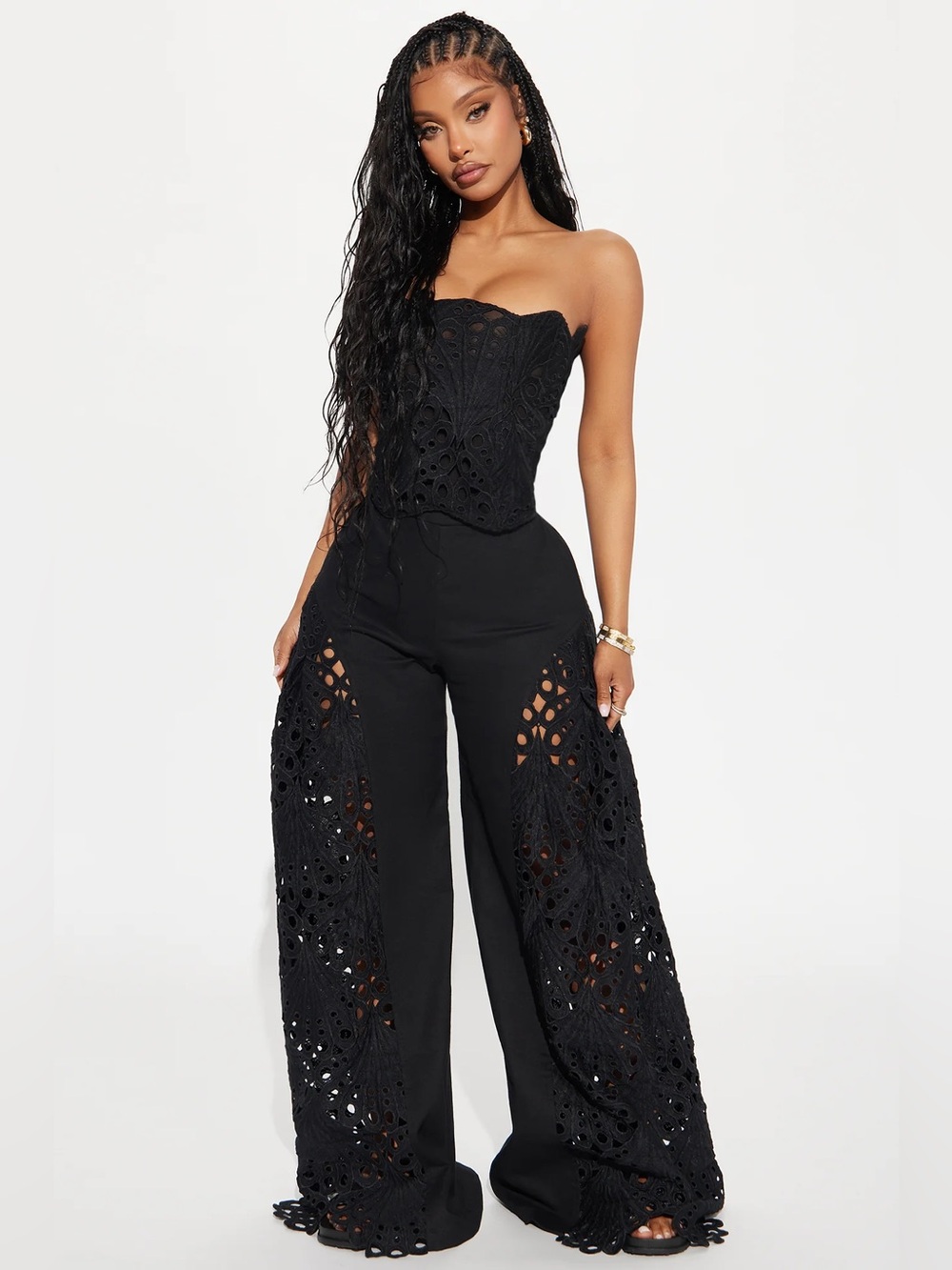 Strapless Black Crochet Wide-Leg Jumpsuit - Picture 1 of 12